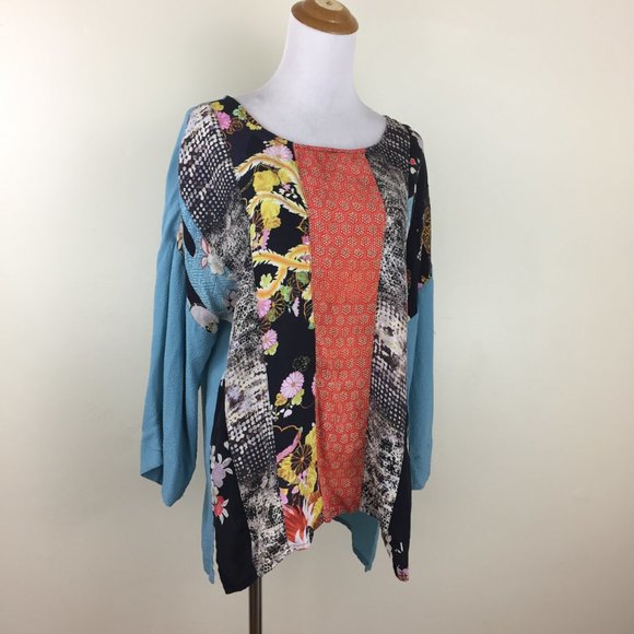 CITRON Textured Blue Multi-Color Patchwork Print 100% Silk Long Sleeve Shirt - Picture 5 of 10